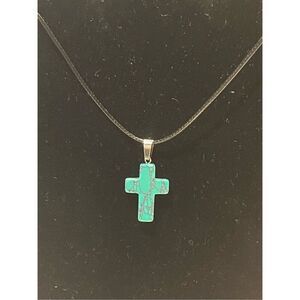 Turquoise Stone Cross on a Black Necklace Cord